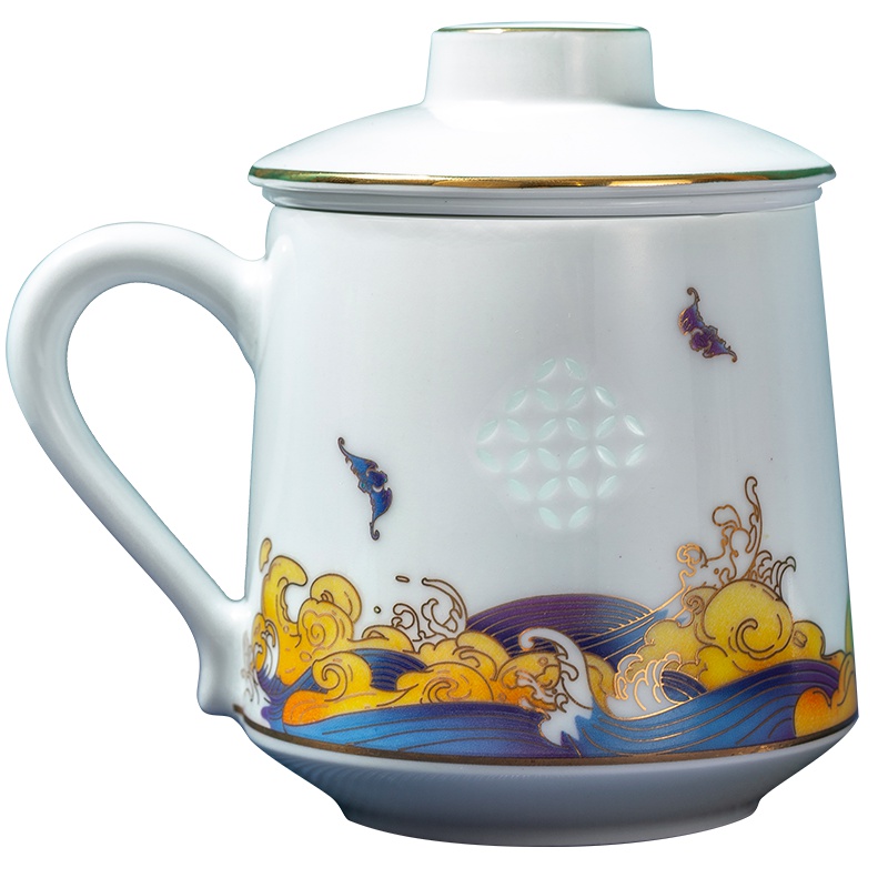 景德镇陶瓷茶杯分离泡茶大容量过滤办公杯带盖潮流马克杯子新国潮玲珑瓷波澜系列 福