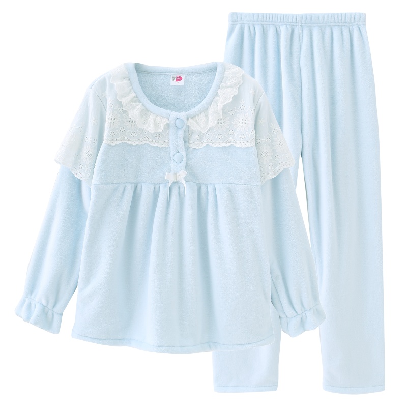 都市丽人甜美可爱蕾丝覆面法兰绒厚款加绒保暖家居服套装女士睡衣DSH024