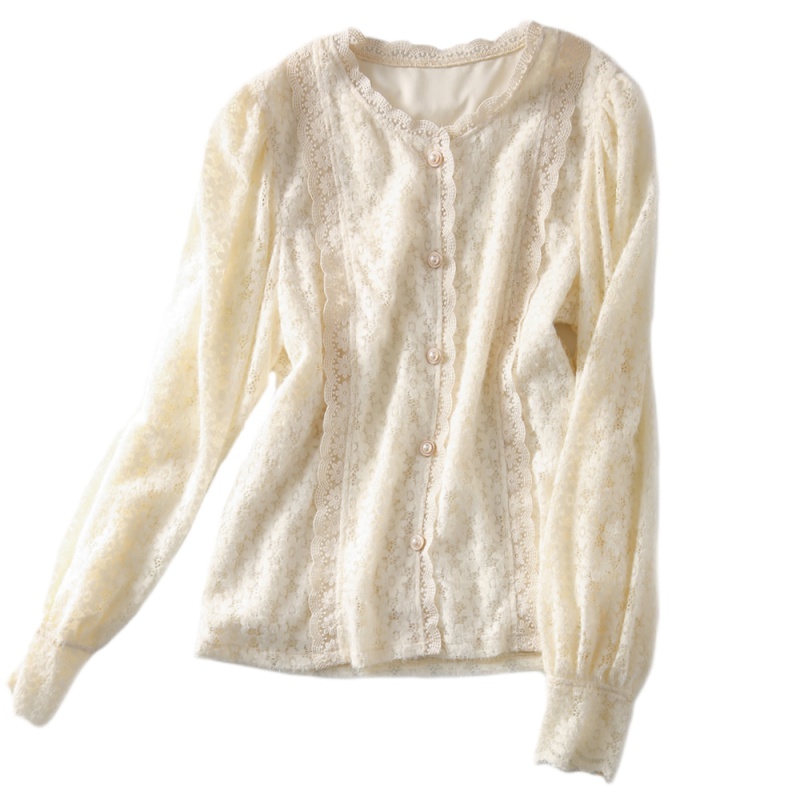 小样传奇 2025女装新款早春温柔磨毛拼接花边圆领 花朵泡泡袖蕾丝上衣女