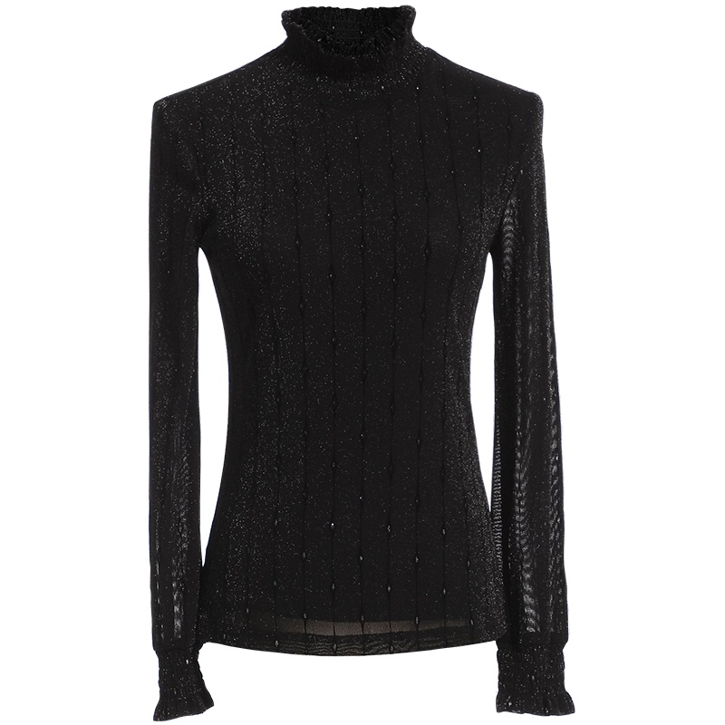 欧昵雪秋冬立领竖条纹网眼T恤打底衫女长袖修身显瘦上衣