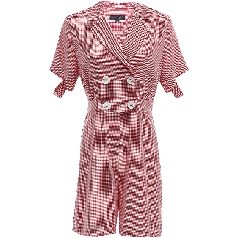 欧昵雪夏季镂空短袖西装式格纹连体裤女高腰阔腿连衣短裤