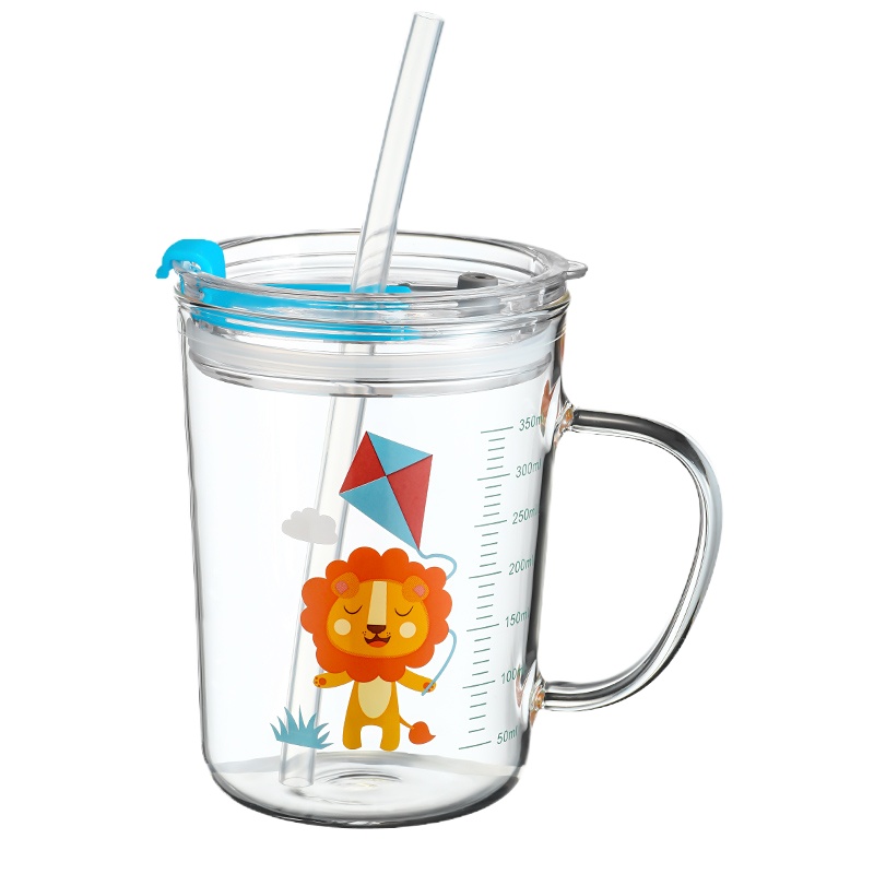 富光(FGA)牛奶杯带刻度早餐喝奶杯微波炉可加热玻璃耐热儿童冲泡奶粉杯 蓝色小狮子450ml单手柄(收藏加购优先发货)