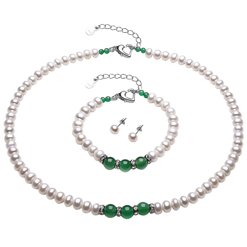 佰色传情淡水珍珠项链手链耳环三件套配绿玛瑙母亲节送妈妈