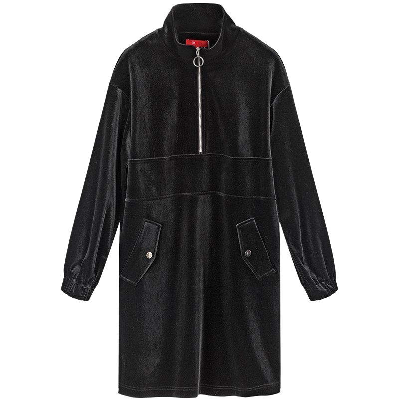 7M秋冬新款韩版黑色宽松拉链中长收腰显瘦休闲连衣裙70009403