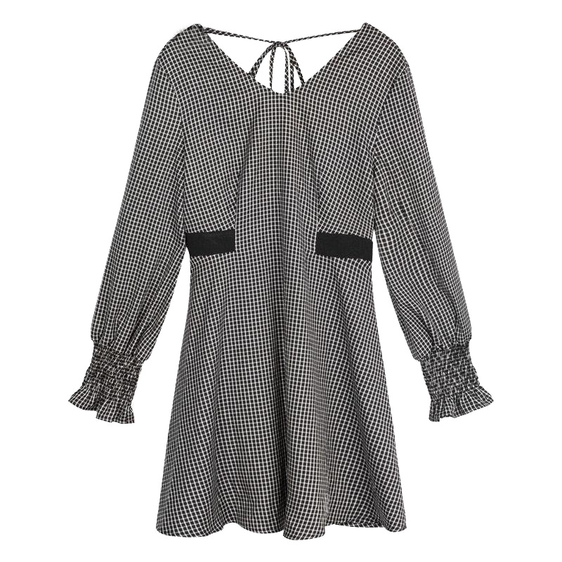 拉夏贝尔Puella秋季新款韩版收腰显瘦格子长袖露背复古连衣裙女2T000133