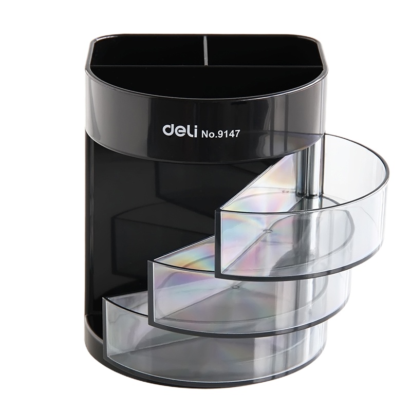 得力(deli) 9147 黑色 透明笔筒办公商务塑料创意收纳三层多功能笔筒收纳笔筒