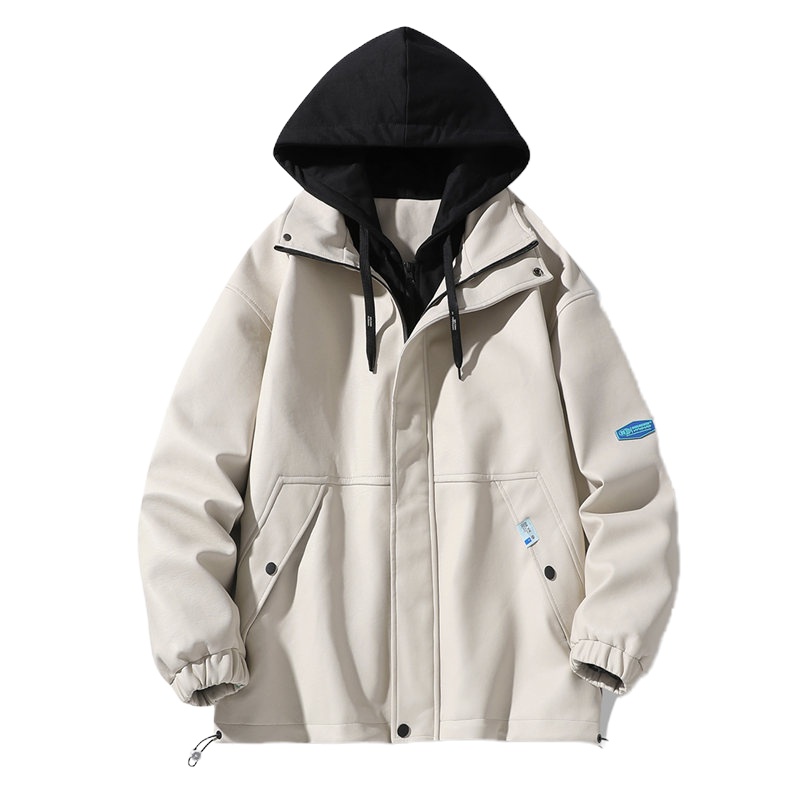 DEBRAND2022新款春季外套男假两件皮夹克PU休闲连帽宽松潮流男装