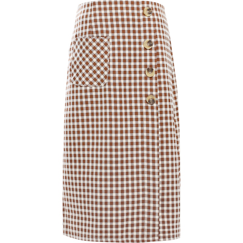 欧昵雪气质复古高腰格子半身裙女显瘦开叉包臀a字裙