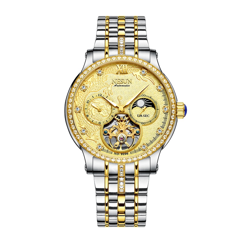 新款尼尚NESUN正品名牌手表全自动机械表 男士时尚商务潮流防水夜光真皮带腕表镂空金色浮雕祥龙9096