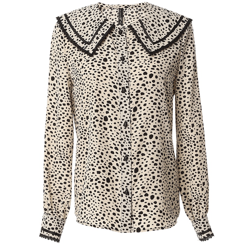 欧昵雪秋装海军领拼接花边长袖豹纹印花衬衫女显瘦衬衣