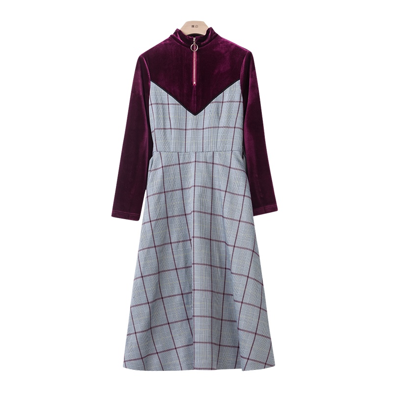 晚白2020年春款时尚单件丝绒格纹立领收腰A字裙通勤连衣裙女