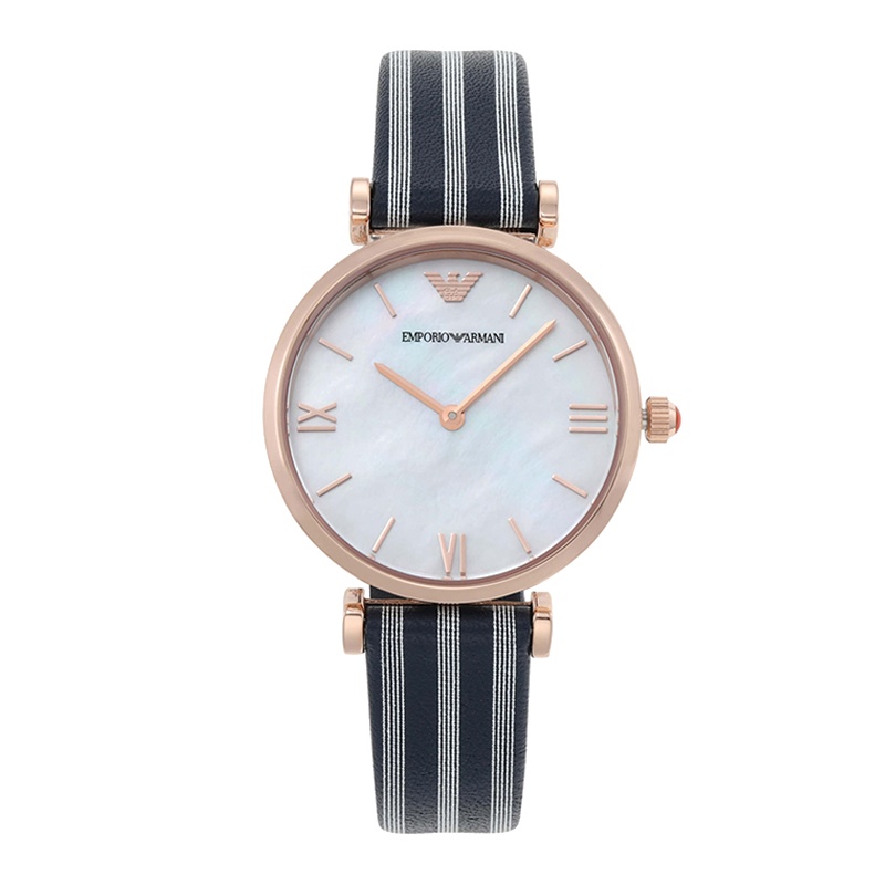 阿玛尼（Emporio Armani) 新款贝母表盘手表女 个性时尚条纹皮带石英表 女AR11224
