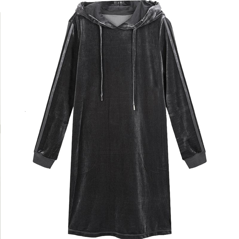 拉夏贝尔秋季女装新运动休闲宽松显瘦连帽金丝绒连衣裙女1T000304