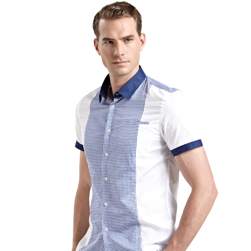 蒙蒂埃莫结构艺术精选舒适纯棉拼接撞色短袖衬衫