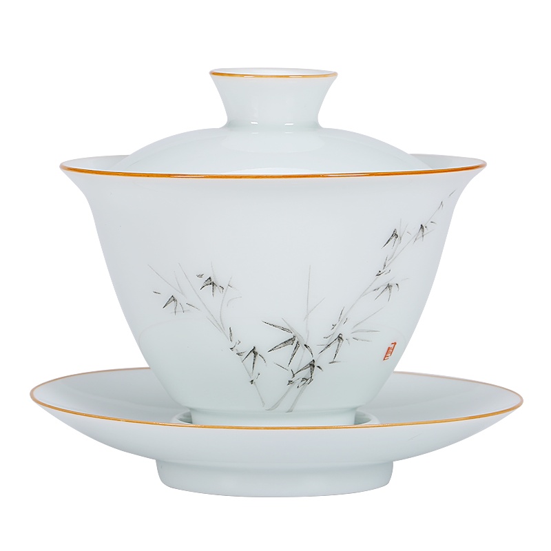 金镶玉 茶具配件 手绘白脂盖碗 中国白茶具泡茶三才碗茶杯