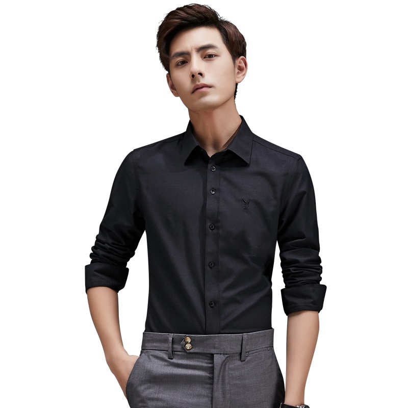 花花公子男士衬衫长袖简约休闲商务纯色修身男衬衣