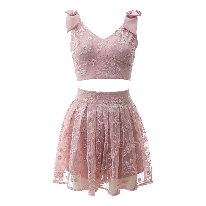 女装2019新款潮减龄甜美气质蝴蝶结绣花高腰裙裤时尚套装