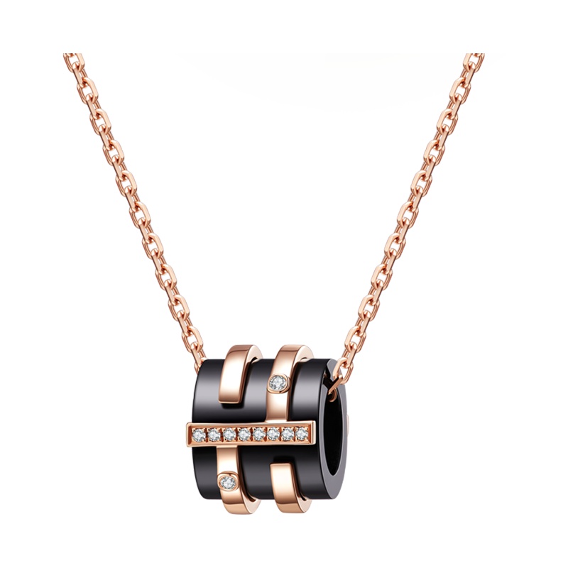 潮宏基 π派系列 18K金黑玛瑙钻石链彩金项链玫瑰金套链女士