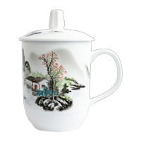 简约现代陶瓷杯套装10只会议杯带盖酒店宾馆家用白瓷茶杯办公室杯子水具/水杯家居器皿 精选特买