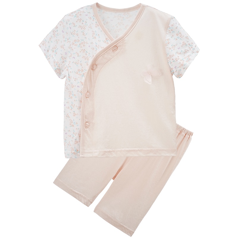 女童小碎花短袖心形领前开扣两件套