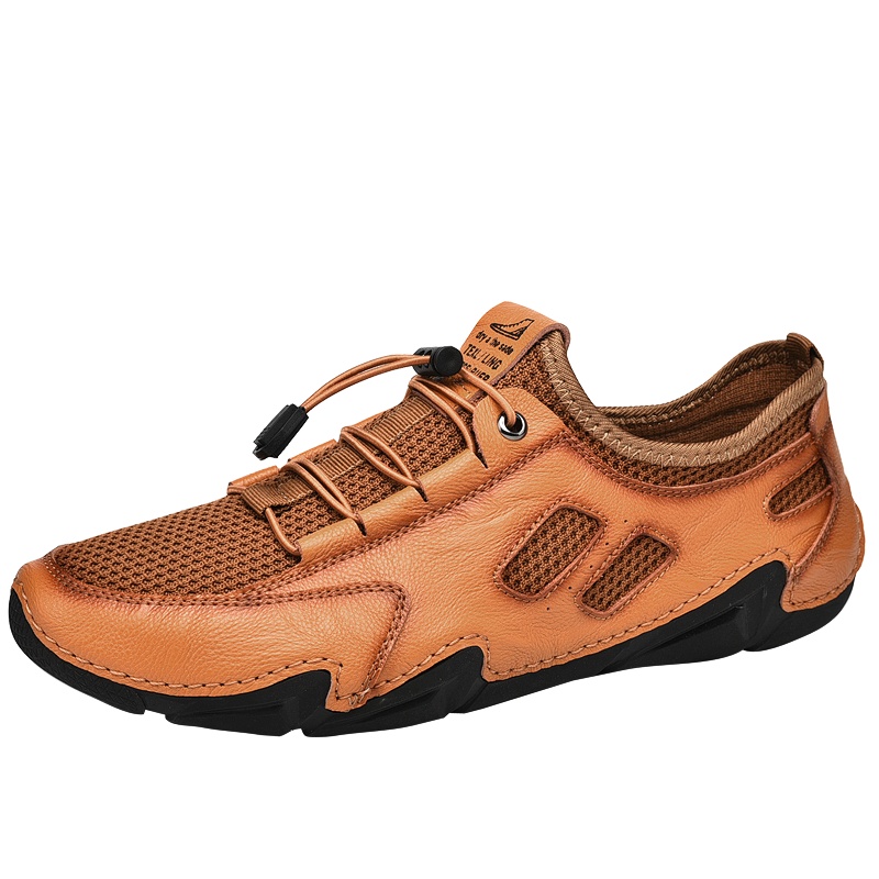 YIBULUOTUO男鞋真皮2021春秋季透气拼接网面运动休闲豆豆皮鞋中年人爸爸鞋子