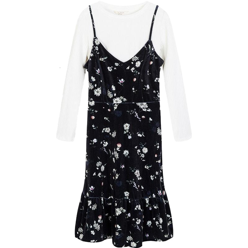 拉夏贝尔 拉贝缇两件套冬季新款金丝绒韩版修身荷叶边裙子连衣裙60006207