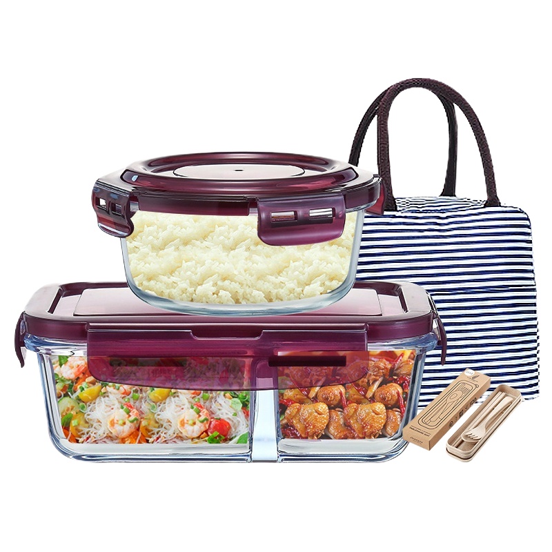 三维工匠微波炉专用可加热玻璃耐热保鲜碗上班族女带饭便当盒分隔学生饭盒 蓝圆650+长1040[赠餐具+包]