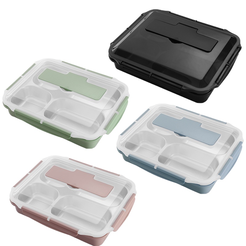 三维工匠饭盒便当盒 上班族日式保温便携食堂餐盒分格成人餐盘不锈钢带盖 [级版]蓝色[成人五格]送304勺子+筷子