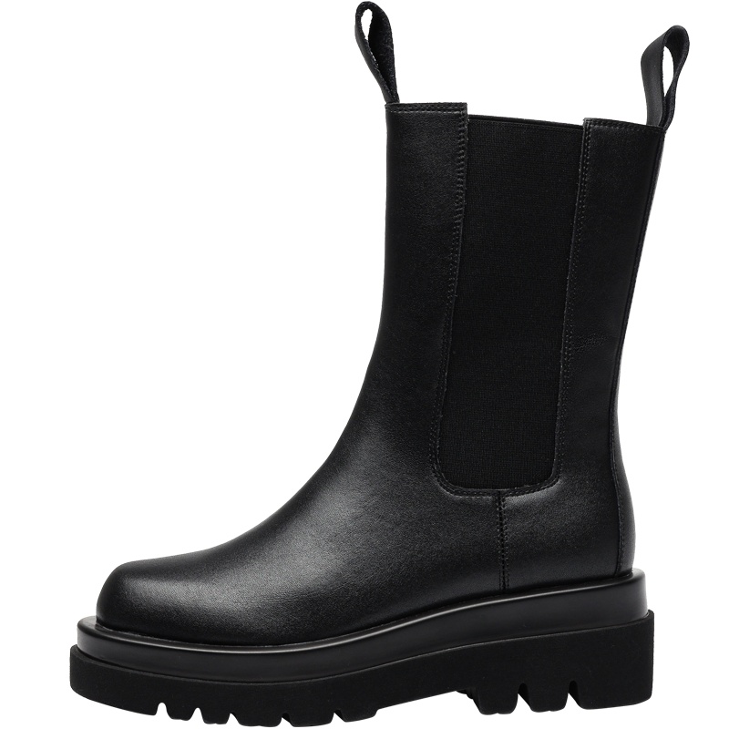 马克华菲春秋中筒靴子女短靴高帮鞋真皮马丁靴女英伦风烟筒靴女