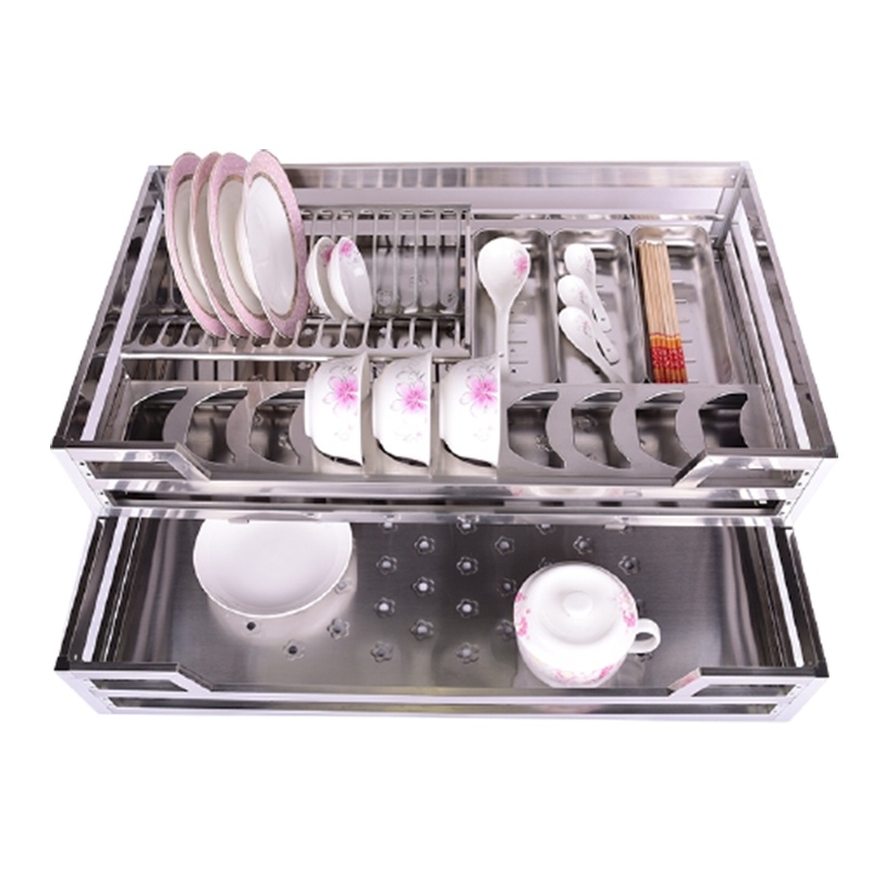 定制双层不锈钢方管拉篮古达橱柜阻尼拉蓝厨房拉栏碗碟拉篮_抽屉式碗蓝