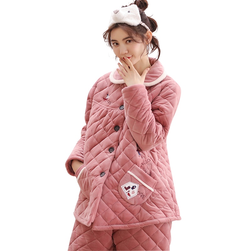 贝贝绒剪条素色绣雪人夹棉女套装