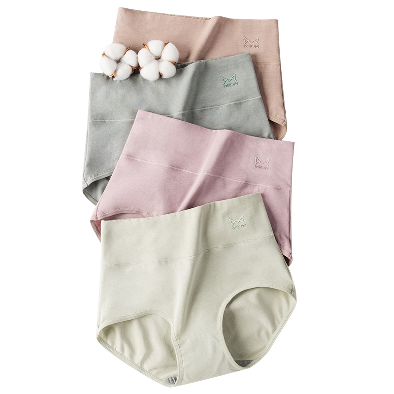 3条装猫人女士纯棉高腰收腹内裤大码高腰石墨烯抗菌三角无痕短裤
