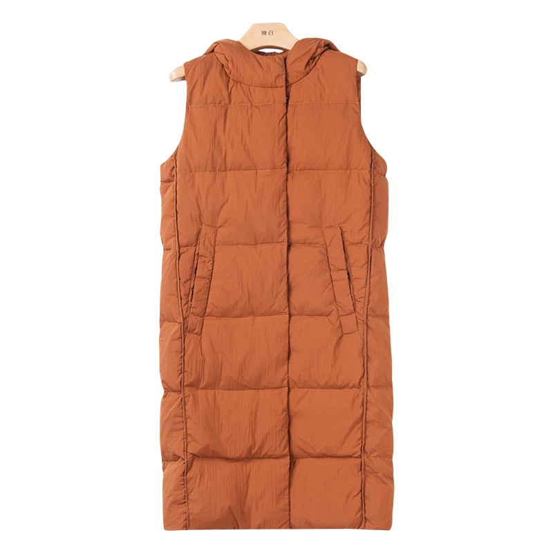 晚白2019冬季新品气质百搭纯色连帽领中长款羽绒服马甲外套大衣女