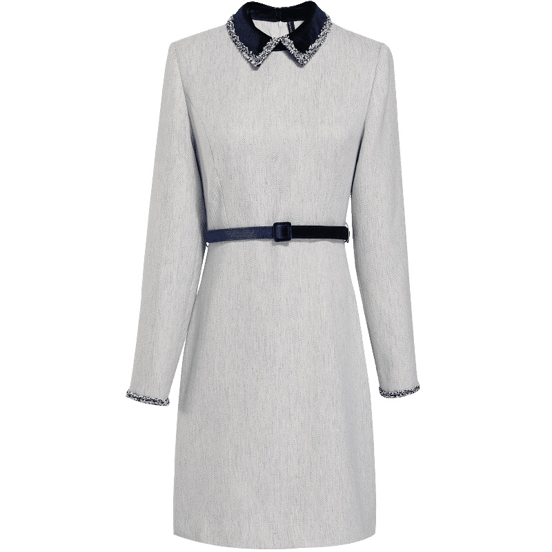 欧昵雪丝绒翻领拼接收腰系带连衣裙女长袖显瘦短裙