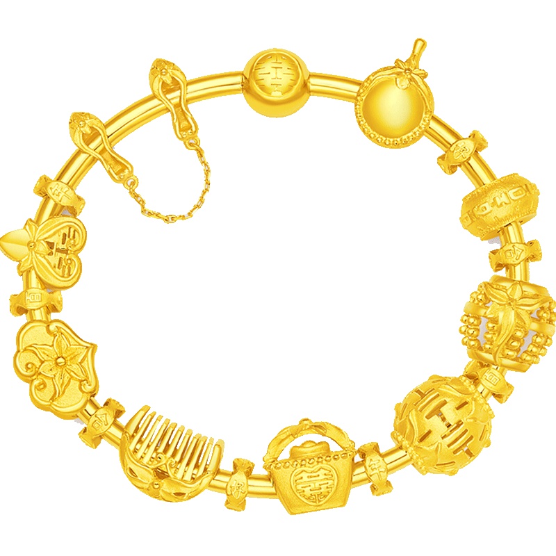 周大福花月佳期婚嫁婚庆九宝足金黄金手镯套装计价(工费1680元)F207809
