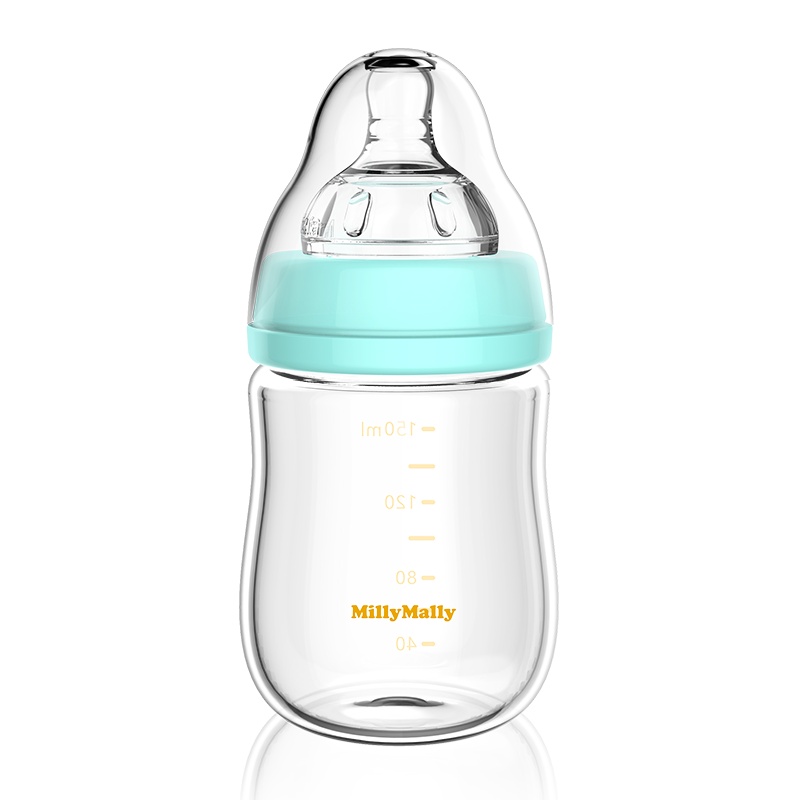 MillyMally 新生婴儿玻璃奶瓶 宽口径 高硼硅材质 150ml 蓝色
