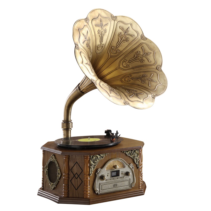 欧蒂诺 ODN-388仿古留声机欧式客厅电唱机老式黑胶唱片机铜大喇叭复古音响 浅咖啡色