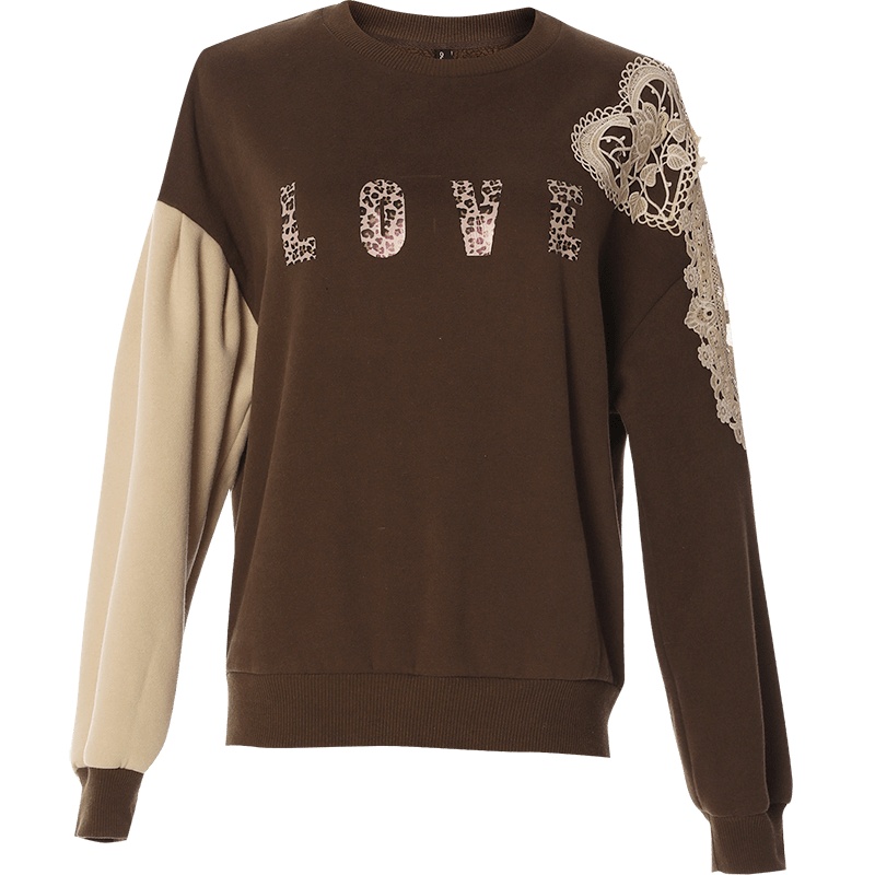 欧昵雪冬装字母印花撞色蕾丝长袖圆领宽松加绒加厚卫衣女短款