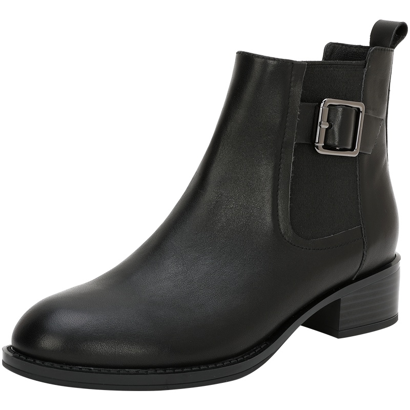 百田森切尔西短靴女新款圆头粗跟皮带扣靴子女英伦风时装靴