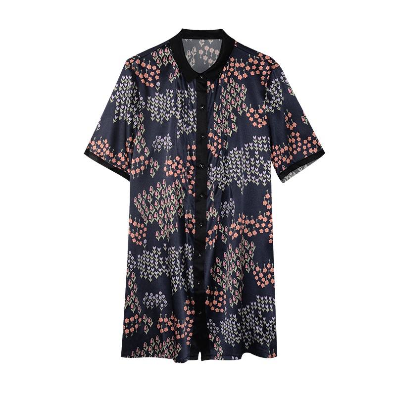 金菊2020夏新款真丝衬衫女桑蚕丝翻领开衫修身显瘦印花上衣