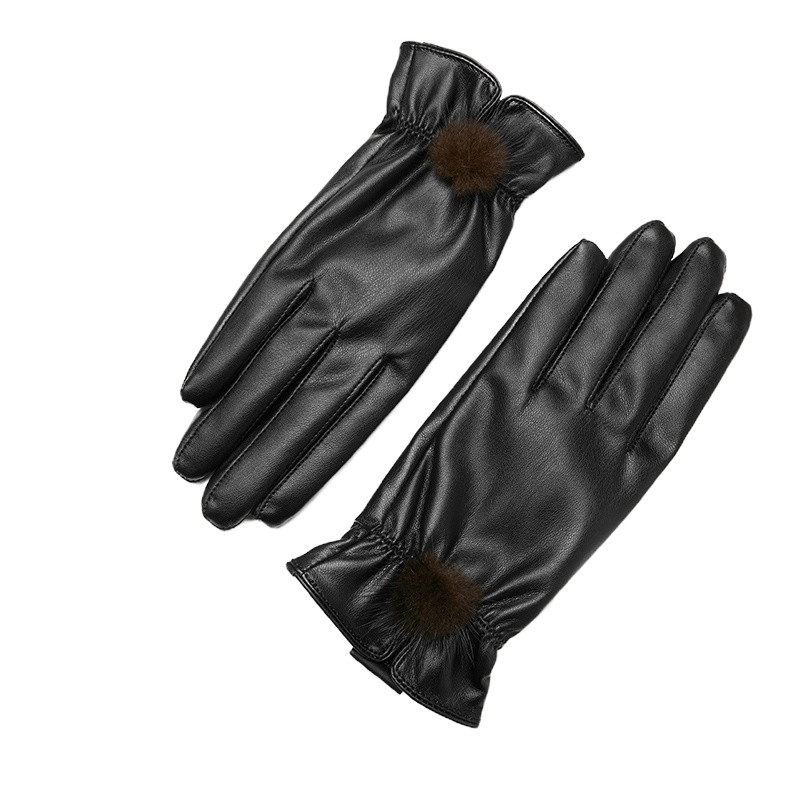 南极人皮革手套女秋冬天季薄款可爱女生加绒骑行防寒保暖护手百搭 毛球款-黑色加绒 均码