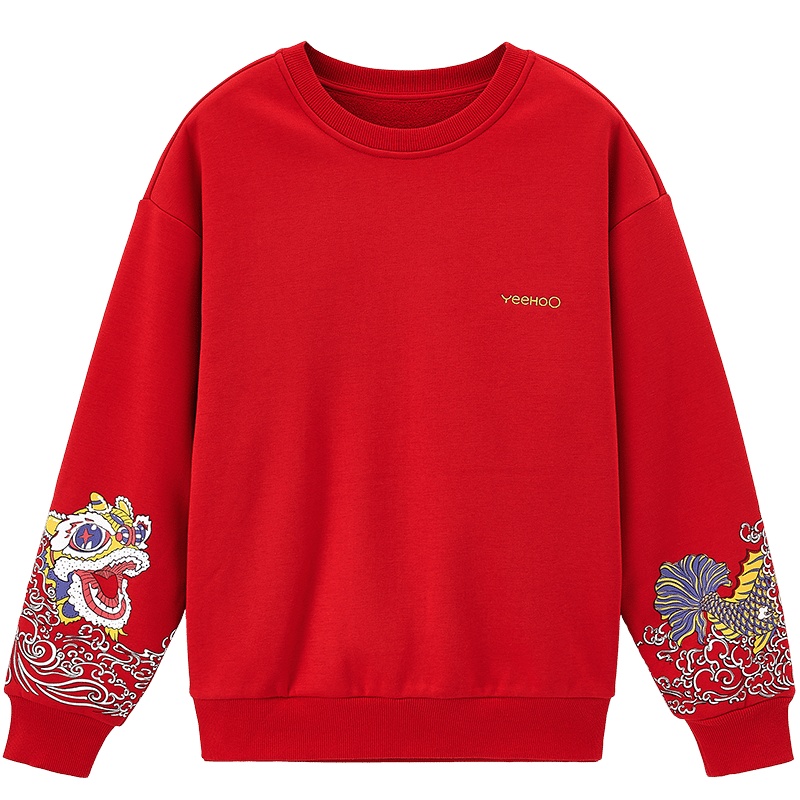 英氏童装亲子装一家三口卫衣宽松圆领针织落肩长袖上衣秋冬新年装成人款