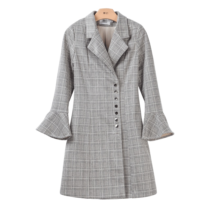 晚白 2020春季新品通勤OL复古格子单排扣修身西装裙职业连衣裙女