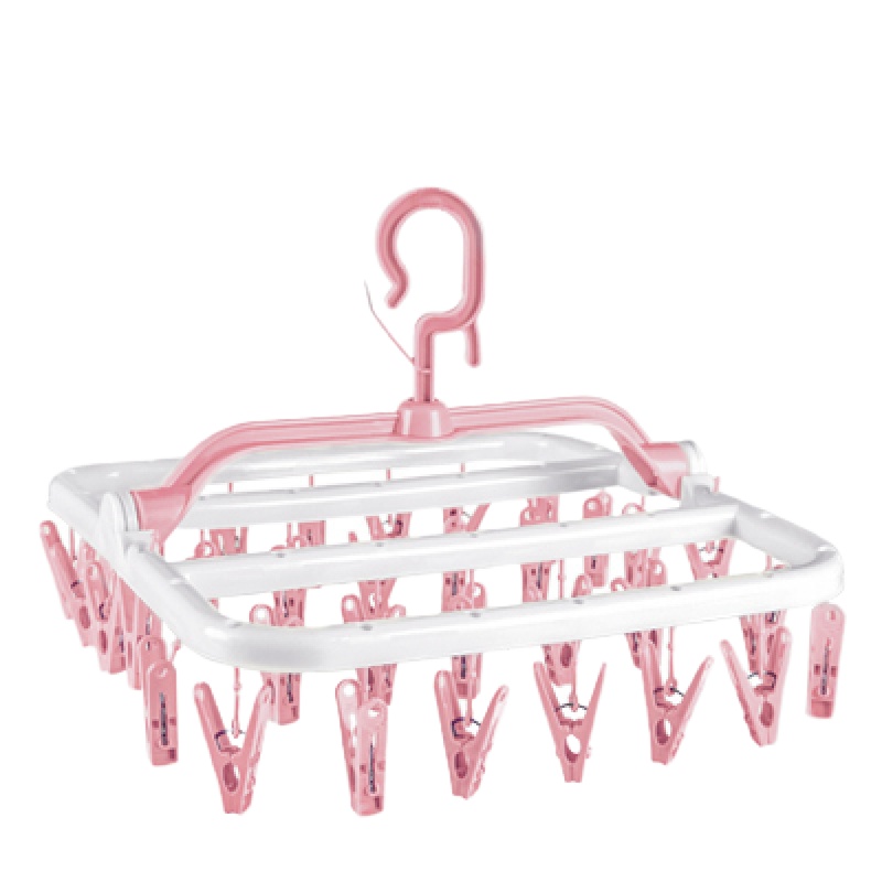 晾衣架子小孩子晒挂衣CIAA服婴儿童凉的家用袜子多夹子功能可折叠 方形粉色32夹 1个