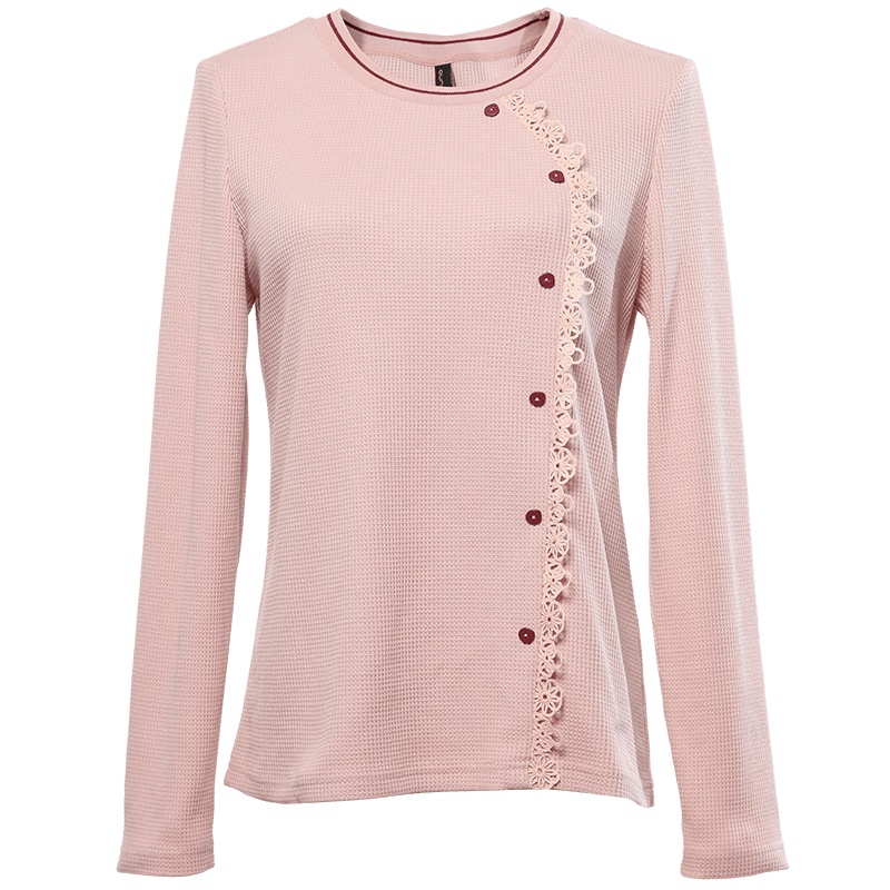 欧昵雪撞色圆领单排斜扣花边显瘦针织T恤女长袖上衣