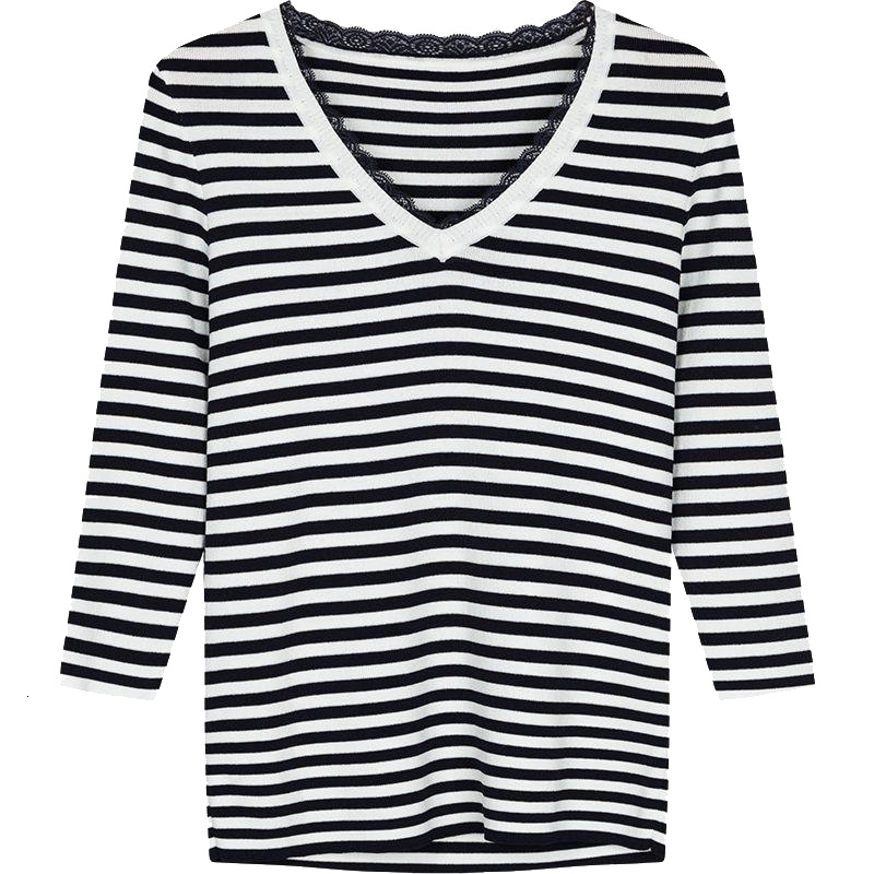 新款拉夏贝尔针织衫女士秋冬新款修身上衣百搭V领七分袖薄款毛衣1T000805