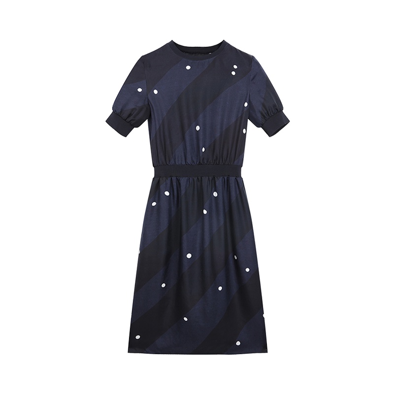 ERDOS 春夏深海条纹波点印花圆领腰袖罗纹设计侧插袋桑蚕丝连衣裙