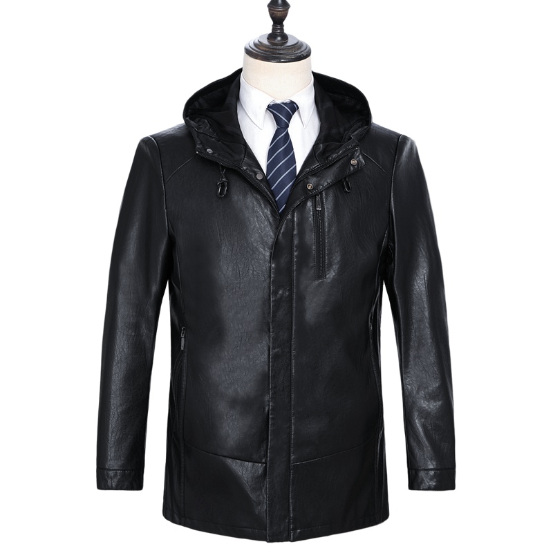 恒源祥男士秋冬款皮夹克PU中年男士爸爸装商务休闲连帽夹克外套