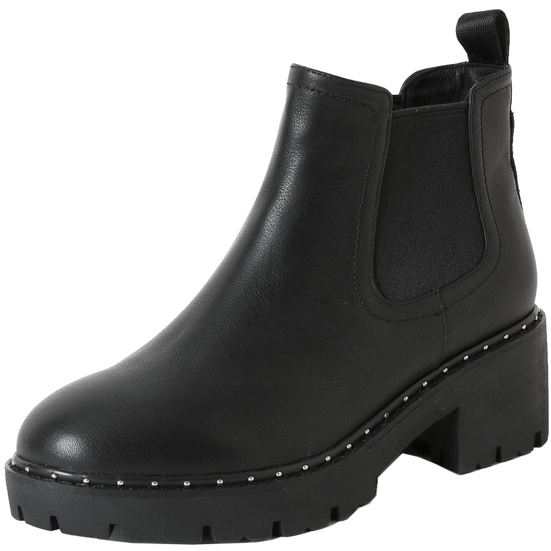 百田森真皮切尔西靴女时尚短靴新款粗跟百搭黑色靴子冬女加绒