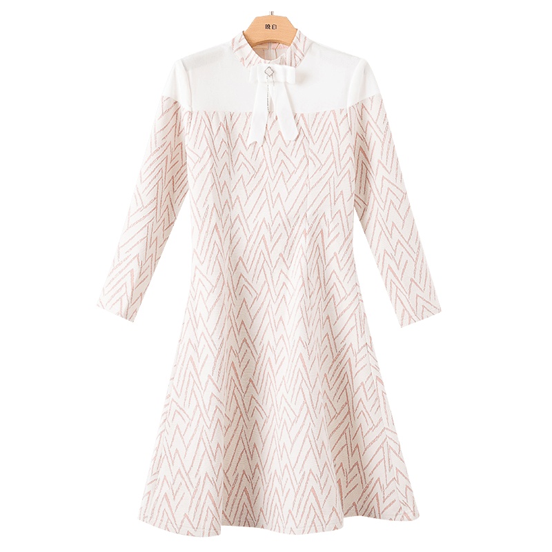 晚白2020冬季新品简约淑女条纹立领修身A字毛呢裙打底连衣裙女